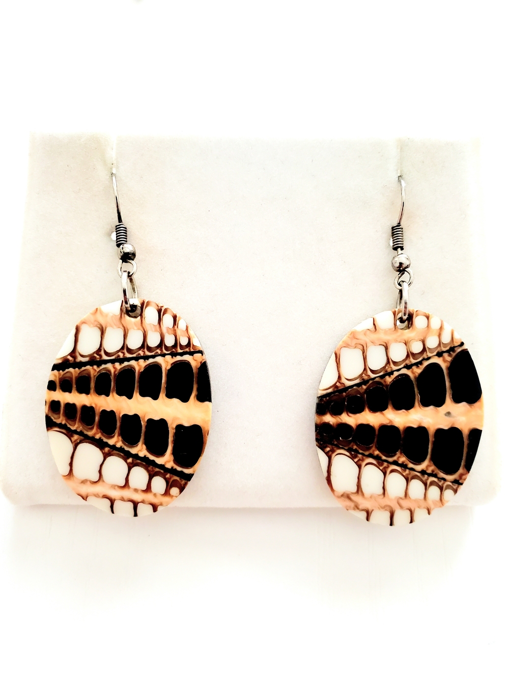 Handcrafted Beige and Black Patterned Drop Earrings